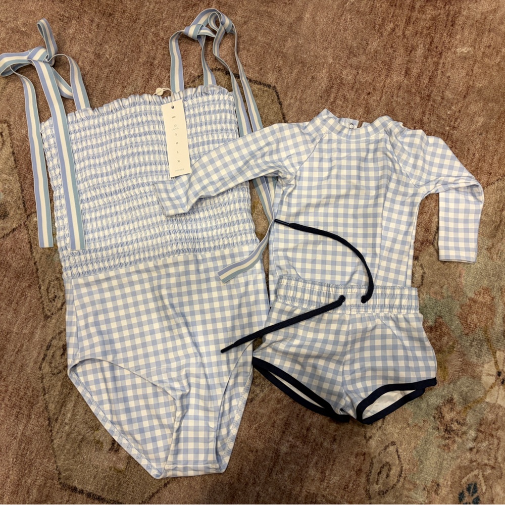 Women’s Light Blue Gingham One-Piece Swimsuit XS with Matching Baby Set Size 1